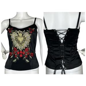 Gothic Lace Up Bustier Corset Heart Skulls 3D Roses Black Gold Red Witchy Voodoo